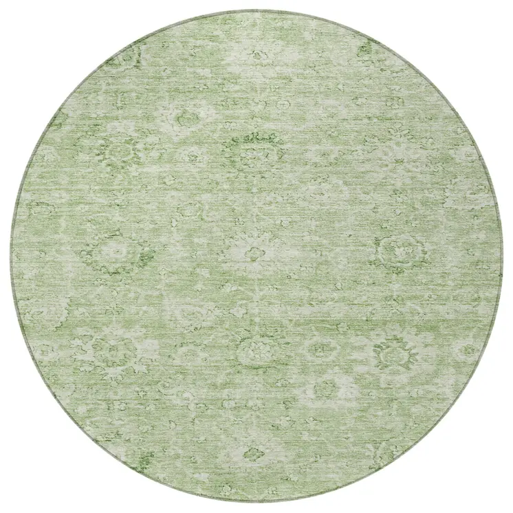 8' Artichoke Green And Ivory Round Damask Washable Indoor Outdoor Area Rug