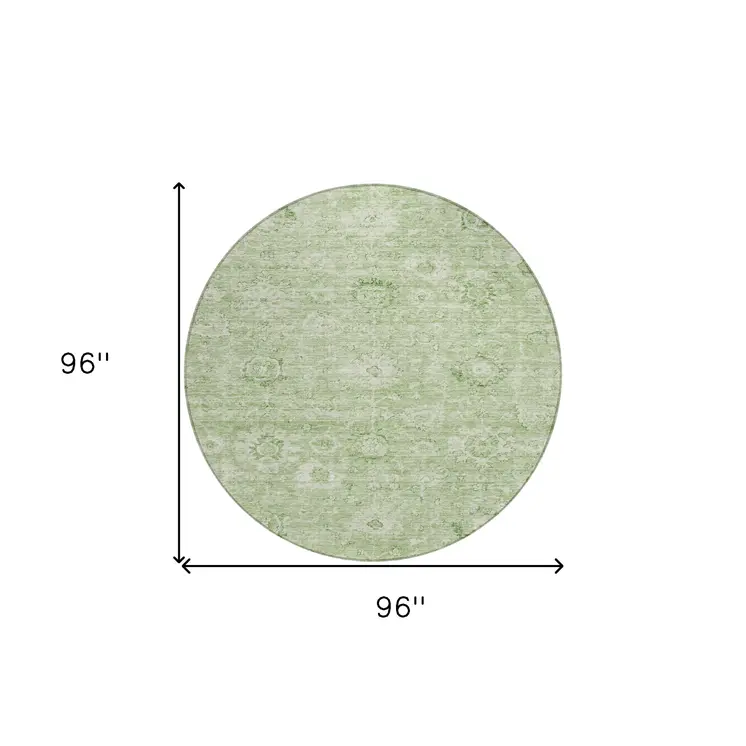 8' Artichoke Green And Ivory Round Damask Washable Indoor Outdoor Area Rug