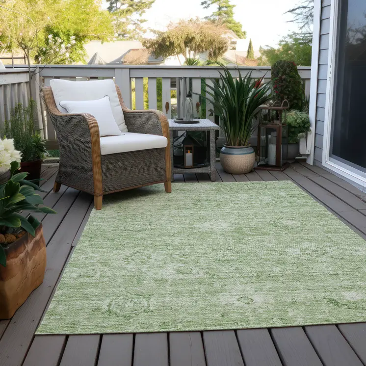 9' X 12' Artichoke Green And Ivory Damask Washable Indoor Outdoor Area Rug