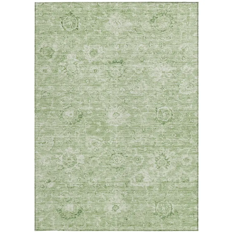 10' X 14' Artichoke Green And Ivory Damask Washable Indoor Outdoor Area Rug