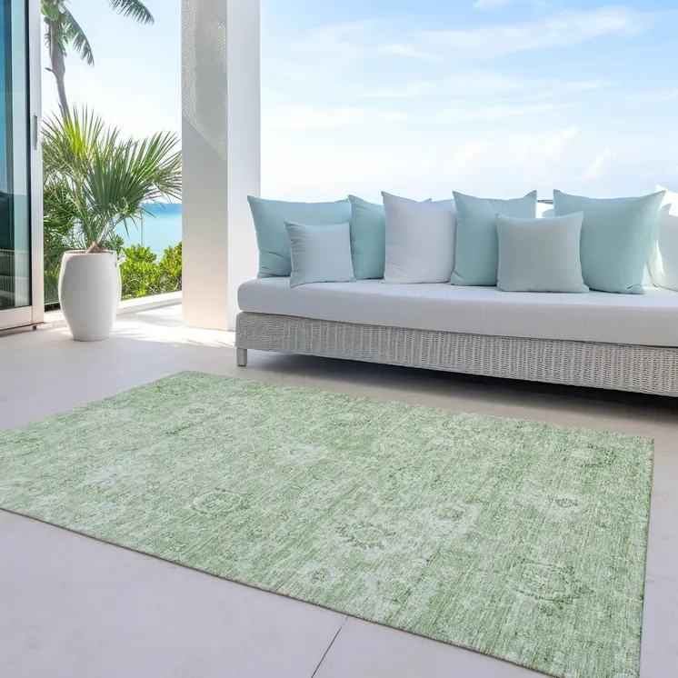 10' X 14' Artichoke Green And Ivory Damask Washable Indoor Outdoor Area Rug