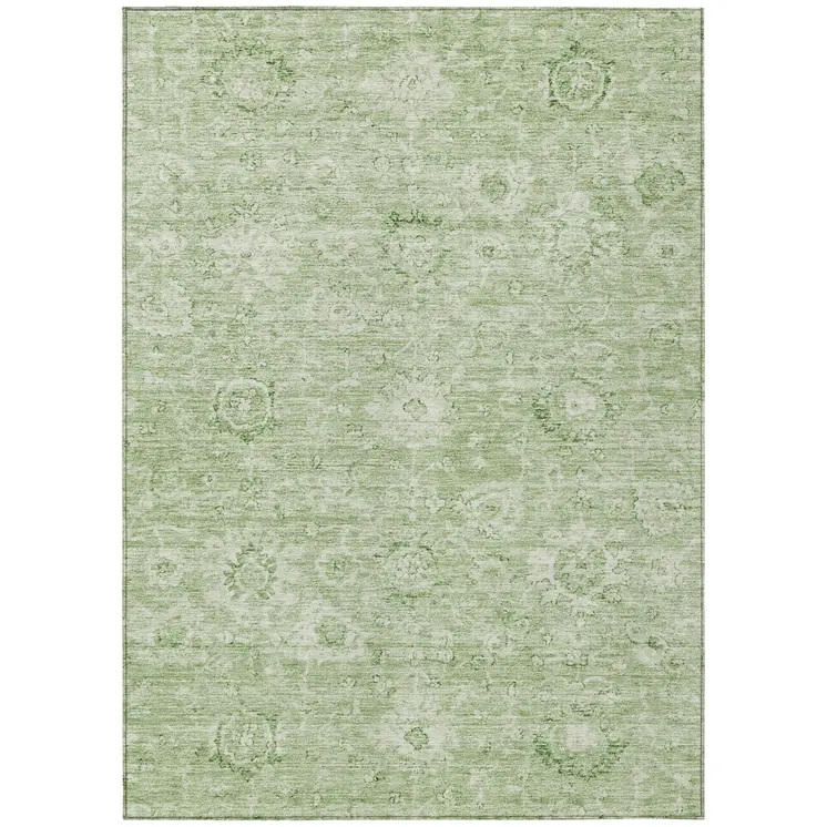 10' X 14' Artichoke Green And Ivory Damask Washable Indoor Outdoor Area Rug