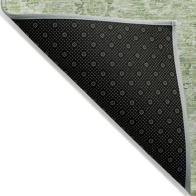 10' X 14' Artichoke Green And Ivory Damask Washable Indoor Outdoor Area Rug