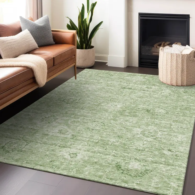 10' X 14' Artichoke Green And Ivory Damask Washable Indoor Outdoor Area Rug