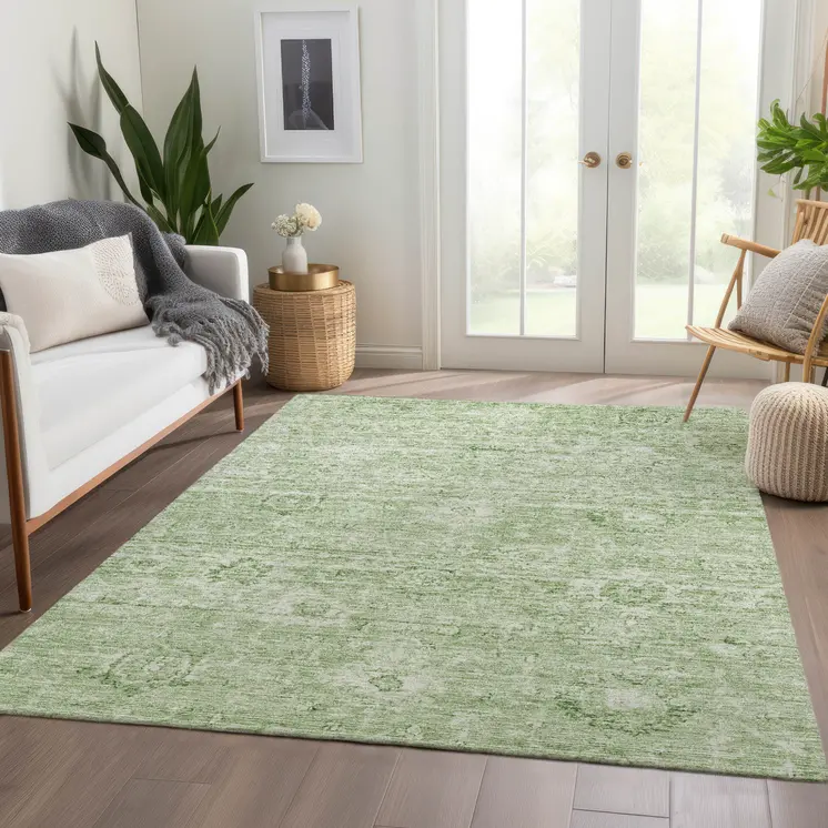 10' X 14' Artichoke Green And Ivory Damask Washable Indoor Outdoor Area Rug