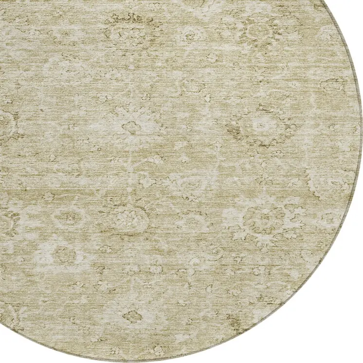 8' Beige And Brown Round Damask Washable Indoor Outdoor Area Rug