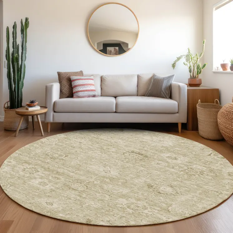 8' Beige And Brown Round Damask Washable Indoor Outdoor Area Rug