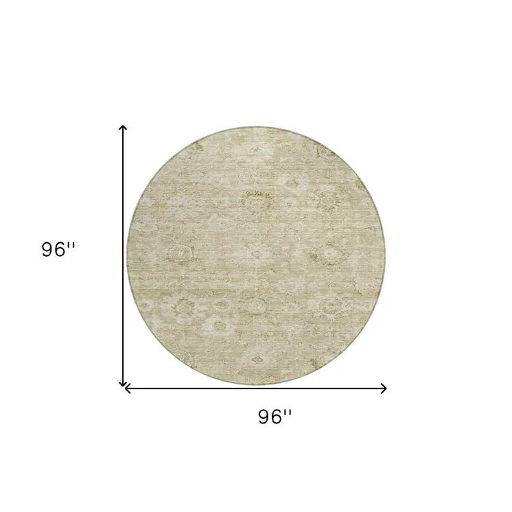8' Beige And Brown Round Damask Washable Indoor Outdoor Area Rug