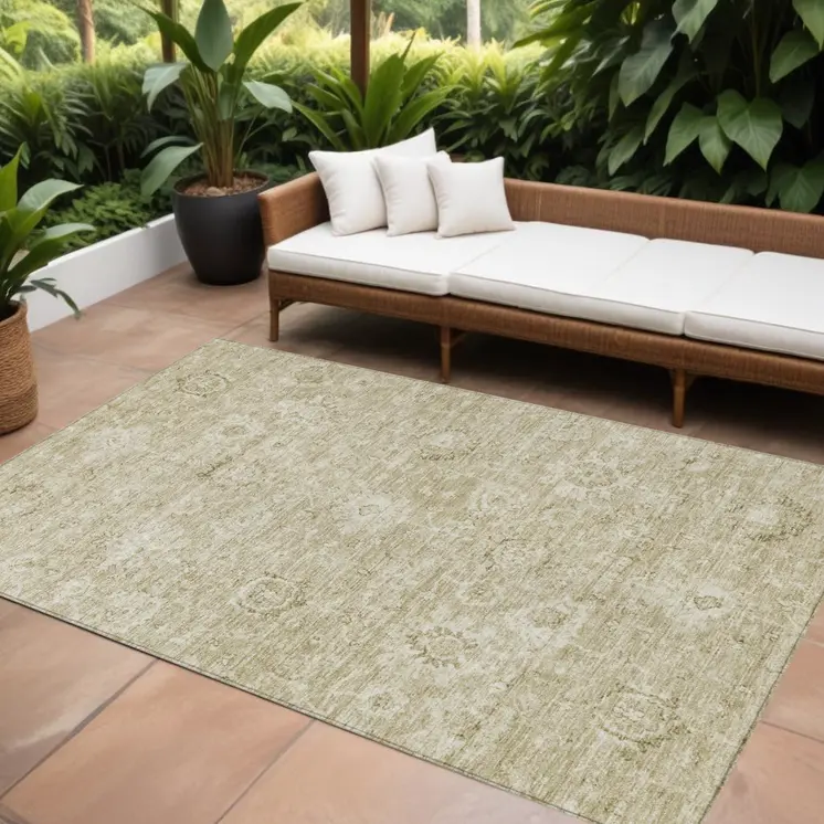 10' X 14' Beige And Brown Damask Washable Indoor Outdoor Area Rug