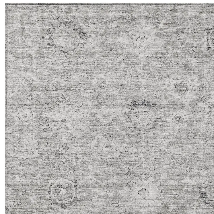 3' X 5' Gray And Silver Damask Washable Indoor Outdoor Area Rug