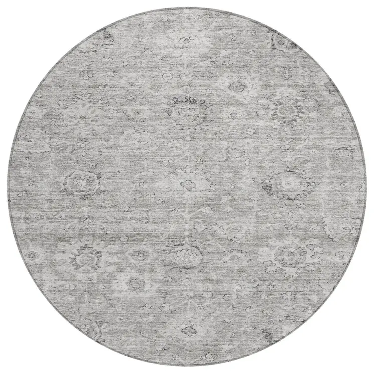 8' Gray And Silver Round Damask Washable Indoor Outdoor Area Rug