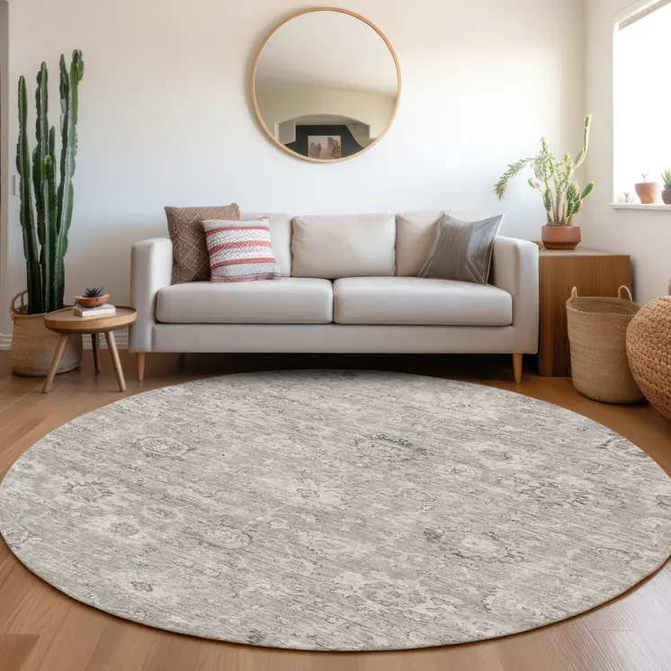8' Gray And Silver Round Damask Washable Indoor Outdoor Area Rug