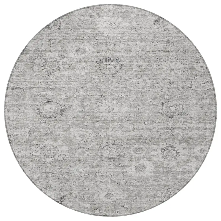 8' Gray And Silver Round Damask Washable Indoor Outdoor Area Rug