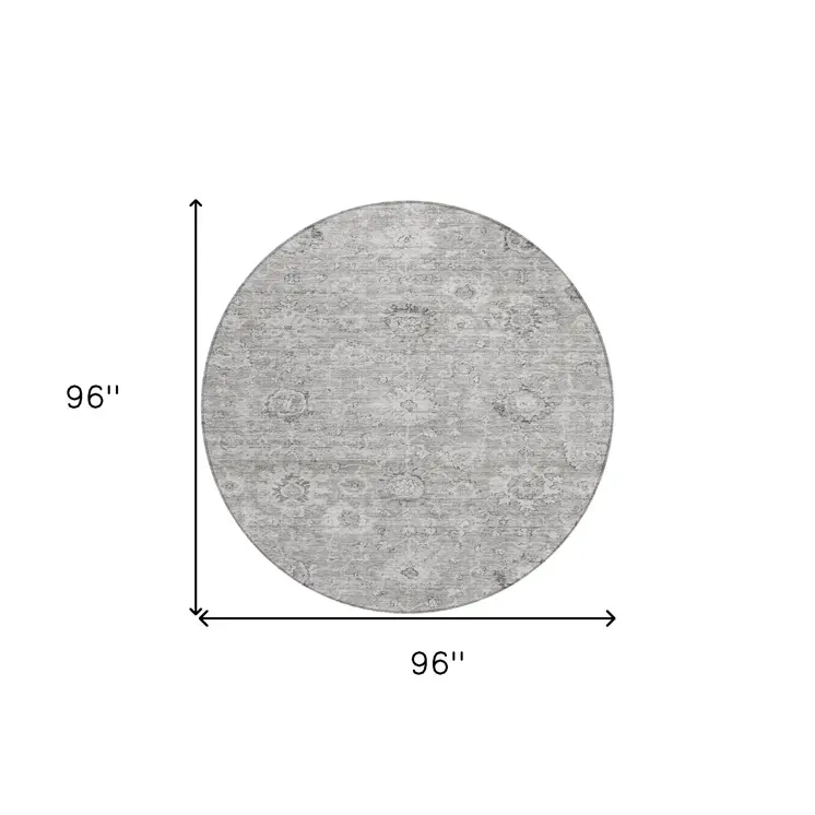 8' Gray And Silver Round Damask Washable Indoor Outdoor Area Rug