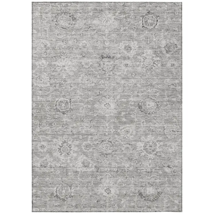 8' X 10' Gray And Silver Damask Washable Indoor Outdoor Area Rug