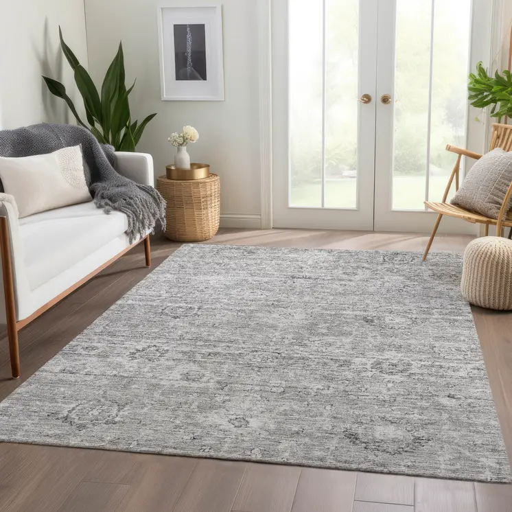 8' X 10' Gray And Silver Damask Washable Indoor Outdoor Area Rug