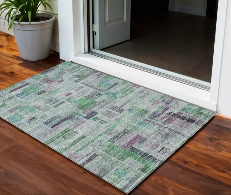 3' X 5' Artichoke Green Charcoal And Purple Striped Washable Indoor Outdoor Area Rug