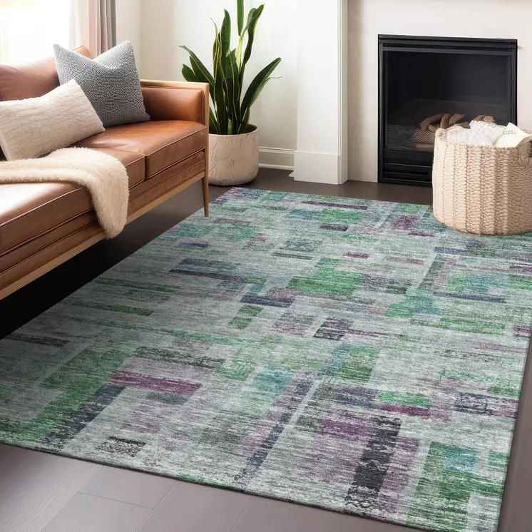 3' X 5' Artichoke Green Charcoal And Purple Striped Washable Indoor Outdoor Area Rug