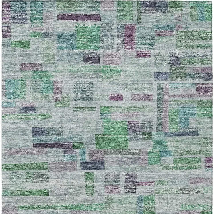 5' X 8' Artichoke Green Charcoal And Purple Striped Washable Indoor Outdoor Area Rug