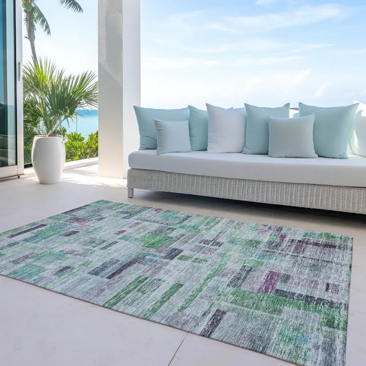 5' X 8' Artichoke Green Charcoal And Purple Striped Washable Indoor Outdoor Area Rug