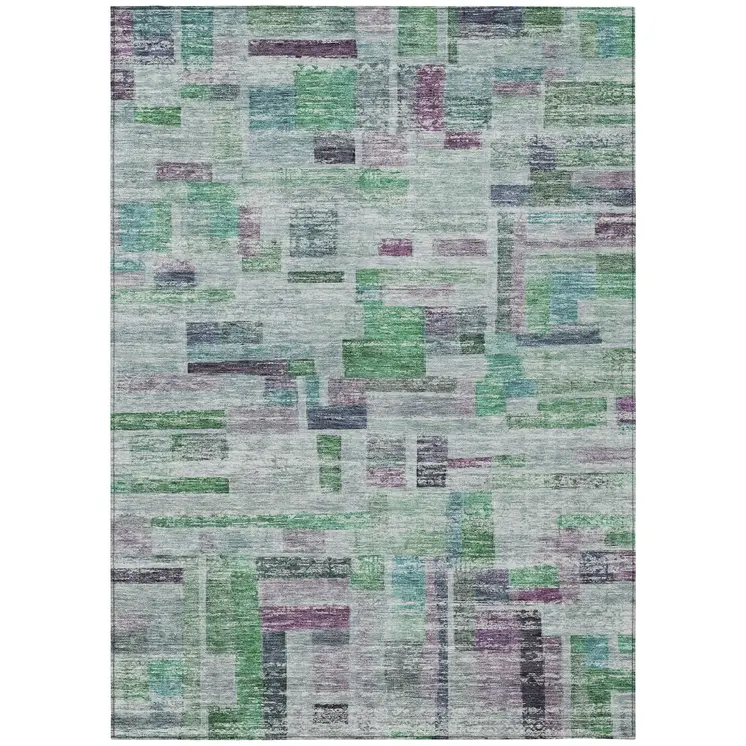5' X 8' Artichoke Green Charcoal And Purple Striped Washable Indoor Outdoor Area Rug
