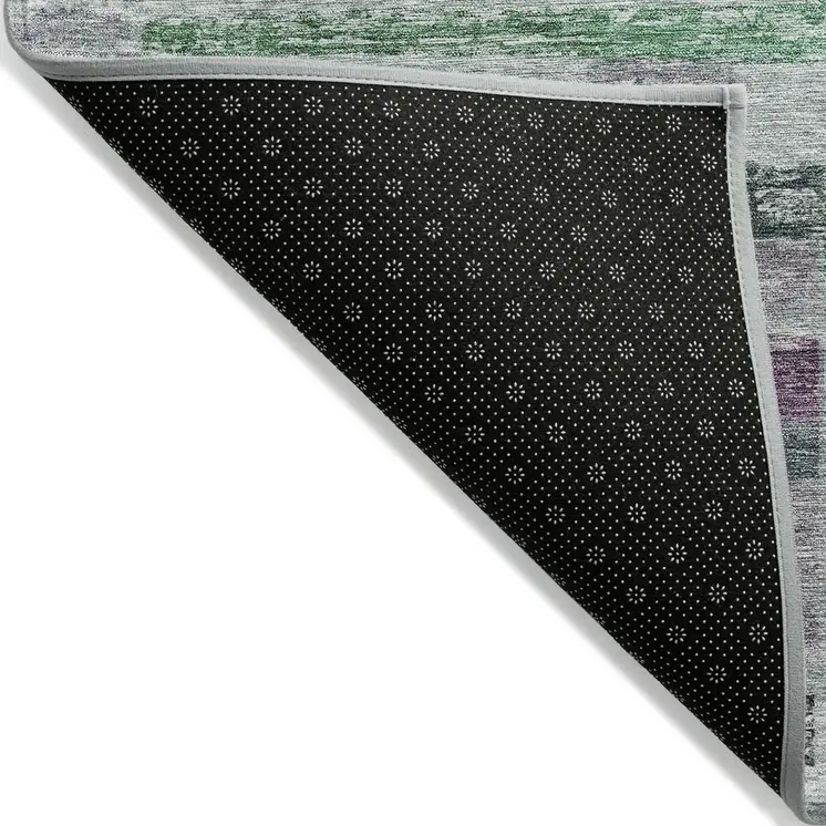 5' X 8' Artichoke Green Charcoal And Purple Striped Washable Indoor Outdoor Area Rug