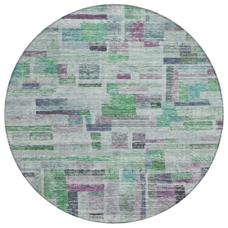 8' Artichoke Green Charcoal And Purple Round Striped Washable Indoor Outdoor Area Rug