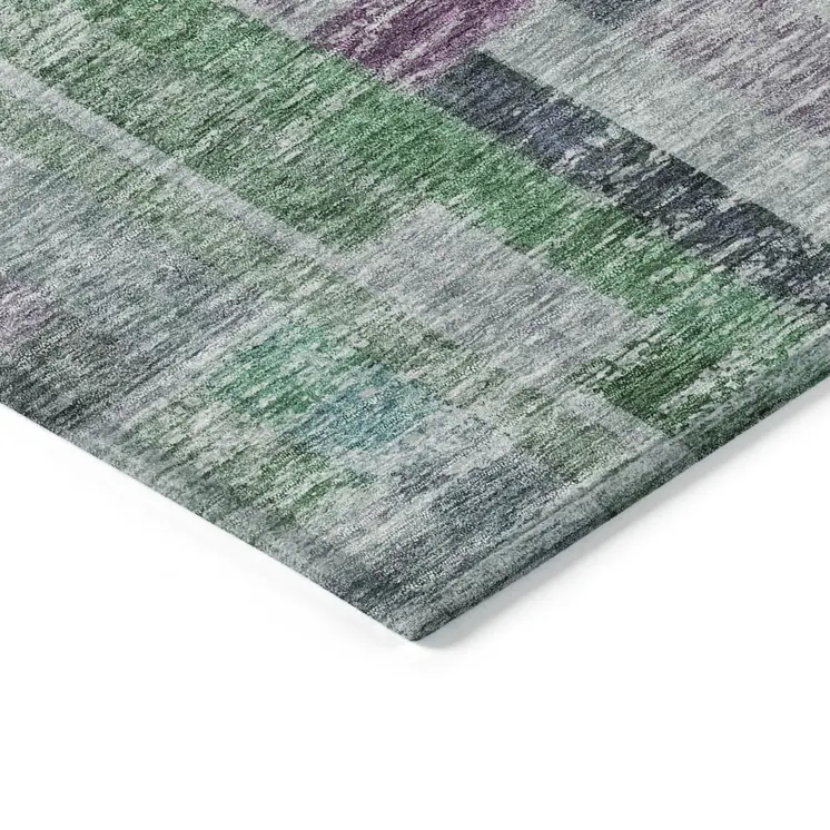 8' Artichoke Green Charcoal And Purple Round Striped Washable Indoor Outdoor Area Rug