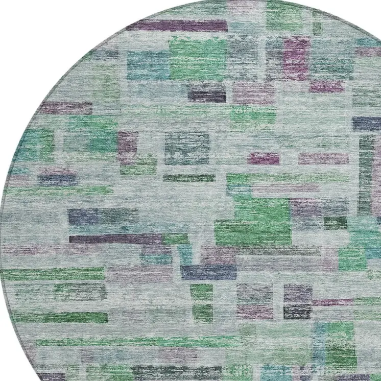 8' Artichoke Green Charcoal And Purple Round Striped Washable Indoor Outdoor Area Rug