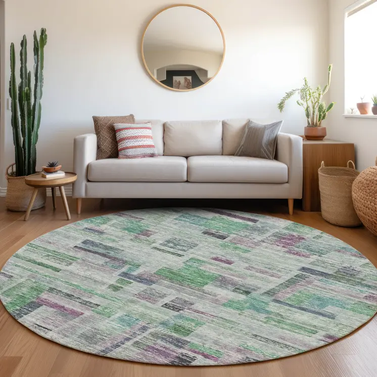 8' Artichoke Green Charcoal And Purple Round Striped Washable Indoor Outdoor Area Rug