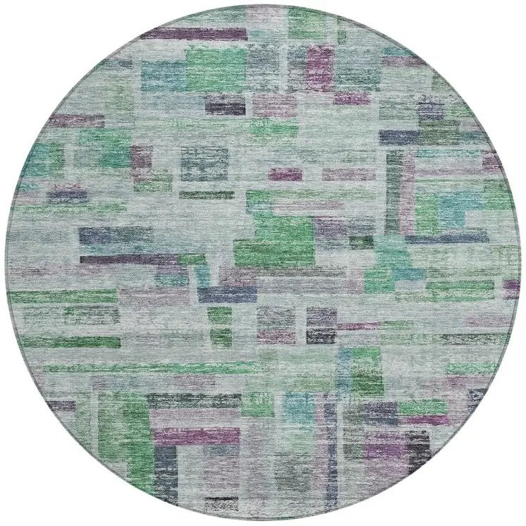 8' Artichoke Green Charcoal And Purple Round Striped Washable Indoor Outdoor Area Rug