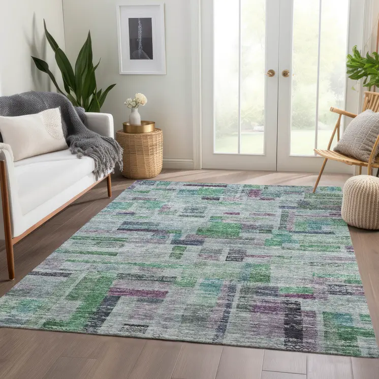 9' X 12' Artichoke Green Charcoal And Purple Striped Washable Indoor Outdoor Area Rug