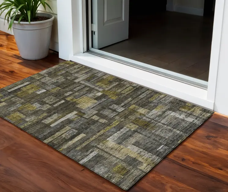 3' X 5' Charcoal Gray And Green Striped Washable Indoor Outdoor Area Rug