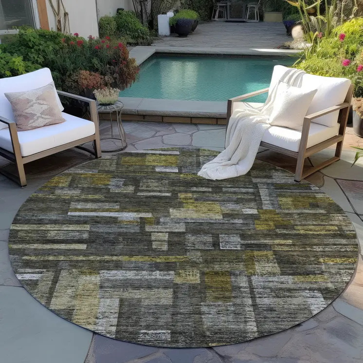 8' Charcoal Gray And Green Round Striped Washable Indoor Outdoor Area Rug