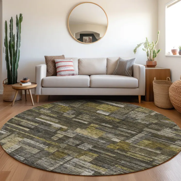8' Charcoal Gray And Green Round Striped Washable Indoor Outdoor Area Rug