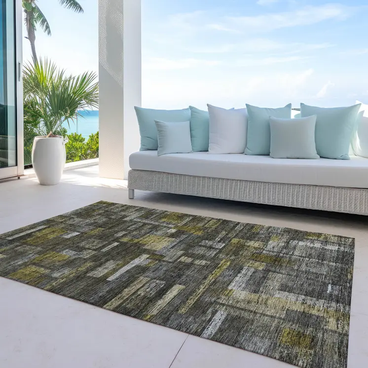 10' X 14' Charcoal Gray And Green Striped Washable Indoor Outdoor Area Rug