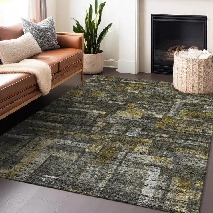 10' X 14' Charcoal Gray And Green Striped Washable Indoor Outdoor Area Rug