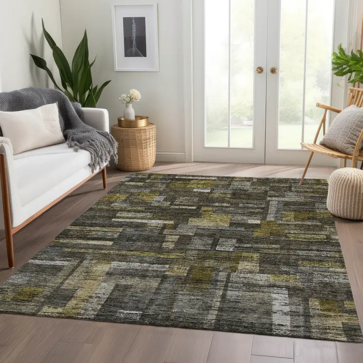 10' X 14' Charcoal Gray And Green Striped Washable Indoor Outdoor Area Rug