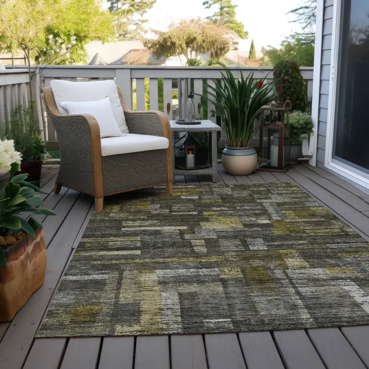10' X 14' Charcoal Gray And Green Striped Washable Indoor Outdoor Area Rug