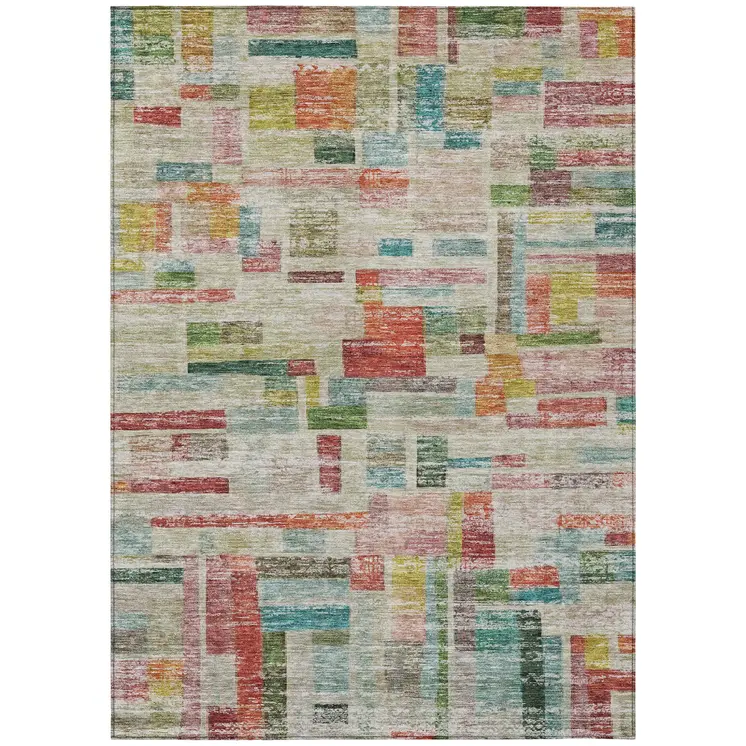 3' X 5' Terra Cotta Green And Brown Striped Washable Indoor Outdoor Area Rug
