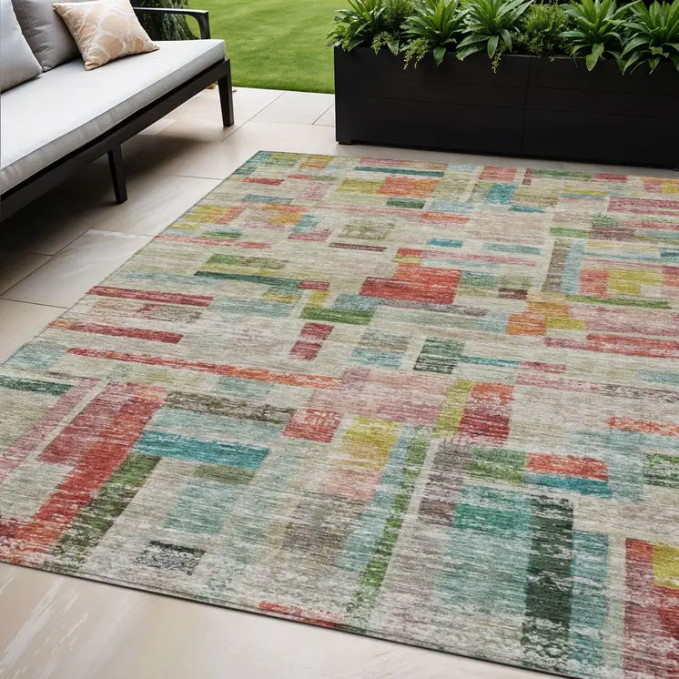5' X 8' Terra Cotta Green And Brown Striped Washable Indoor Outdoor Area Rug