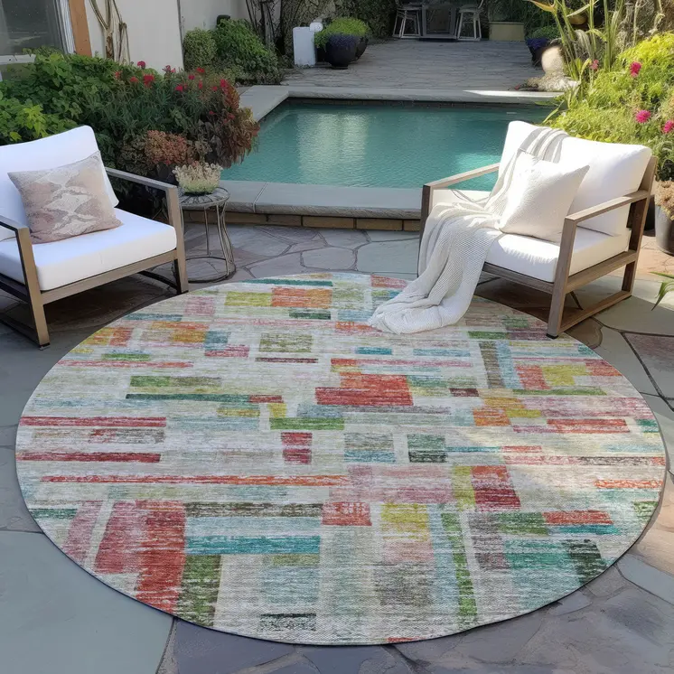 8' Terra Cotta Green And Brown Round Striped Washable Indoor Outdoor Area Rug
