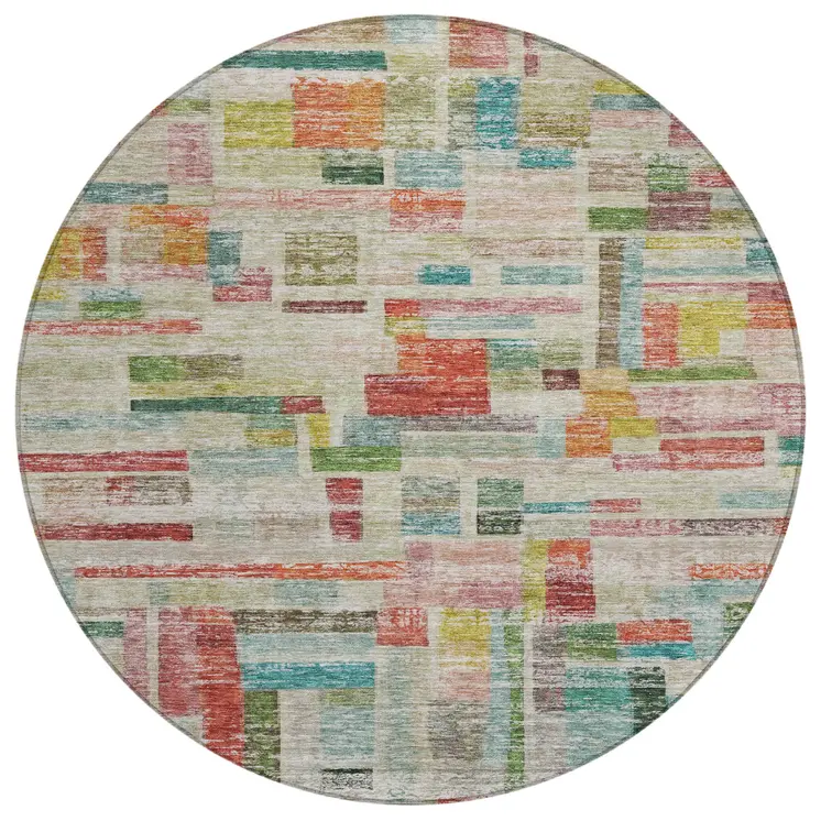 8' Terra Cotta Green And Brown Round Striped Washable Indoor Outdoor Area Rug
