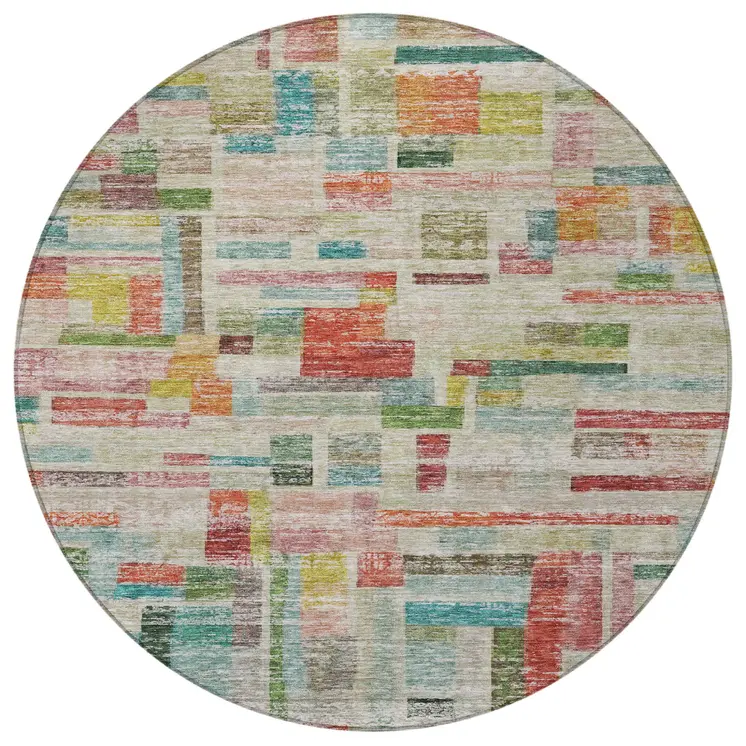 8' Terra Cotta Green And Brown Round Striped Washable Indoor Outdoor Area Rug