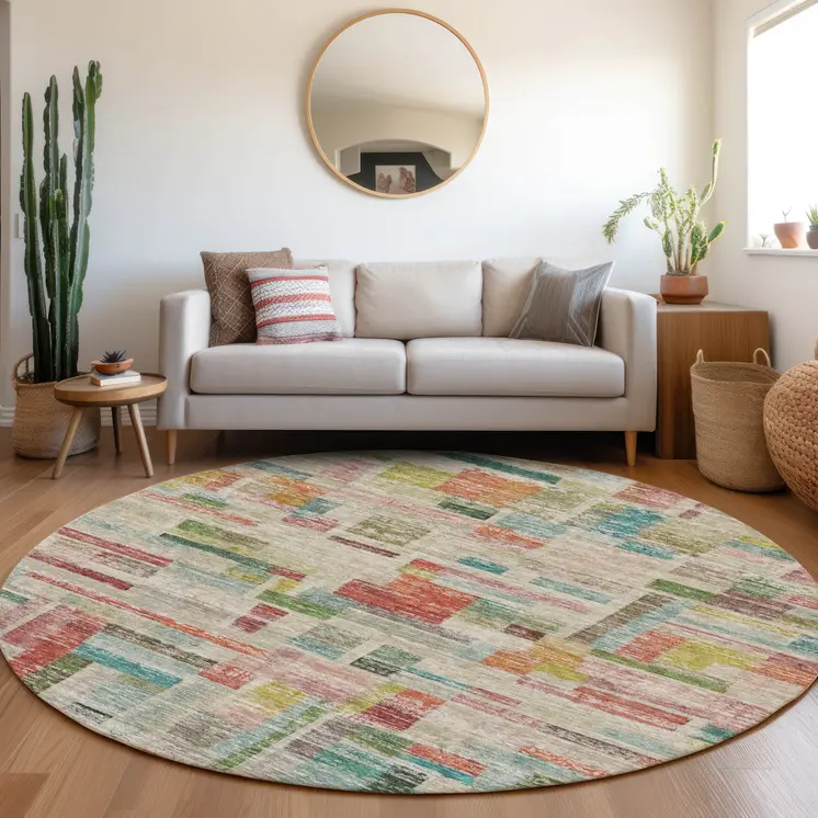 8' Terra Cotta Green And Brown Round Striped Washable Indoor Outdoor Area Rug