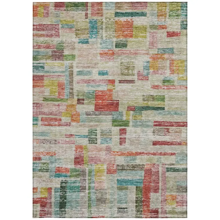 8' X 10' Terra Cotta Green And Brown Striped Washable Indoor Outdoor Area Rug