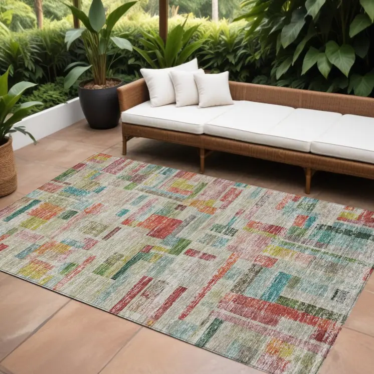 9' X 12' Terra Cotta Green And Brown Striped Washable Indoor Outdoor Area Rug