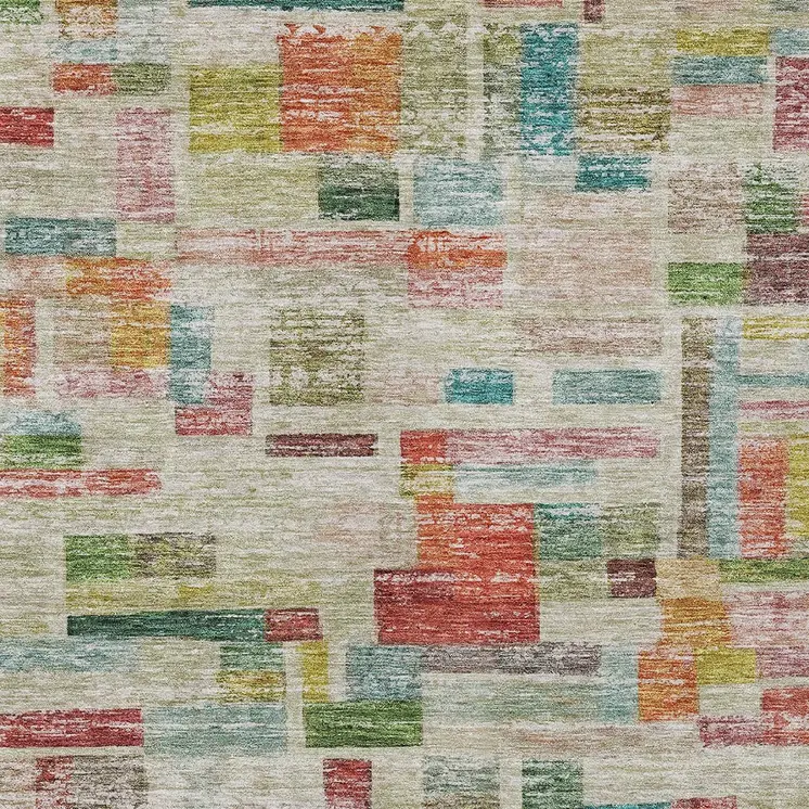 9' X 12' Terra Cotta Green And Brown Striped Washable Indoor Outdoor Area Rug