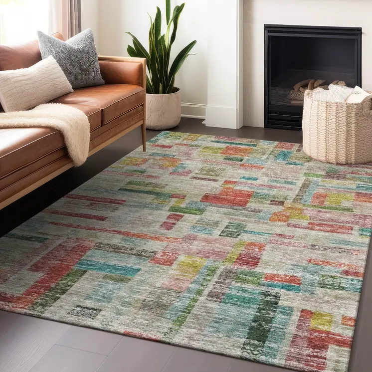 9' X 12' Terra Cotta Green And Brown Striped Washable Indoor Outdoor Area Rug