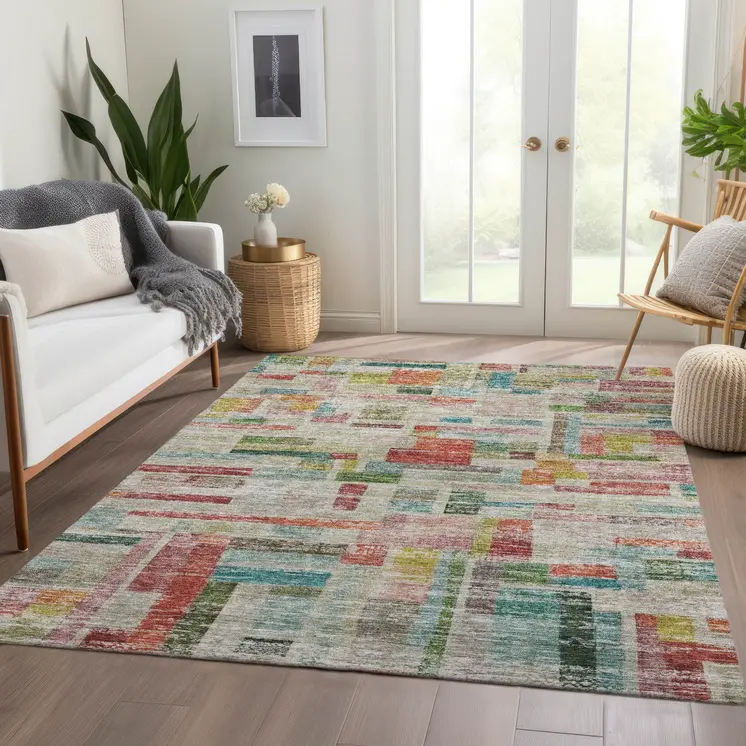 9' X 12' Terra Cotta Green And Brown Striped Washable Indoor Outdoor Area Rug